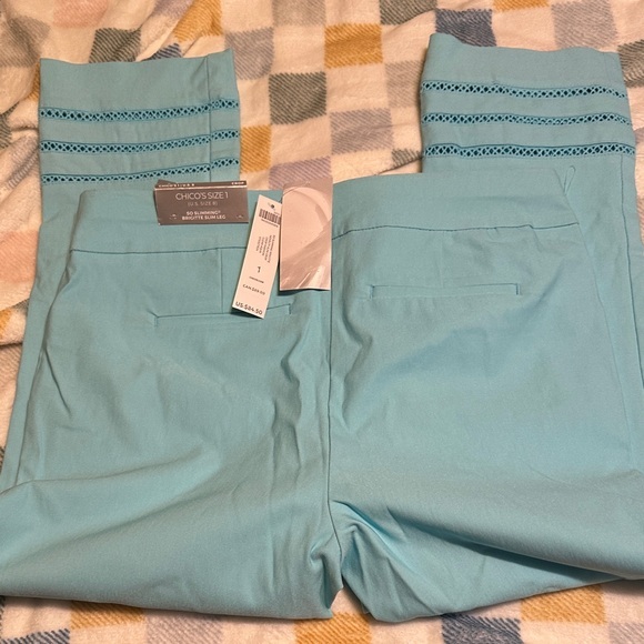 Chico's Pants - NWT Chico's Brigitte Slim Leg Aqua Trousers with Embroidered Detail Chicos sz 1